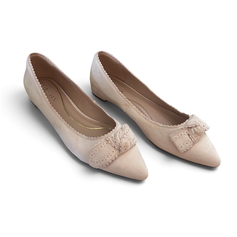 Cole Haan Bellport Women 7.5B Blush Pink Suede Scalloped Bow Pointed Toe Flats